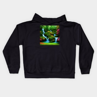 Ai Generated Art Scenery - Colourfull Mystical Forest With River Flowing Down A Lush Green Hill Kids Hoodie